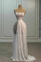 Elegant White A-Line Spaghetti Strap Sleeveless Sweep Train Lace Simple Wedding Dresses